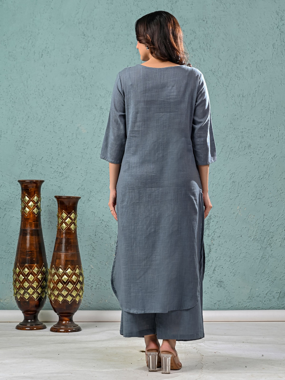 Womens Solid Grey Cotton Kurta Plazzo Set