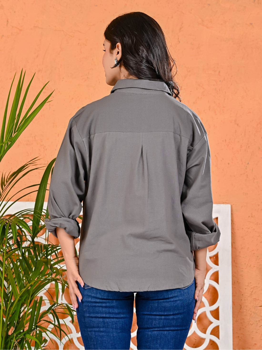 Womens Solid Grey Loose Fit Cotton Shirt