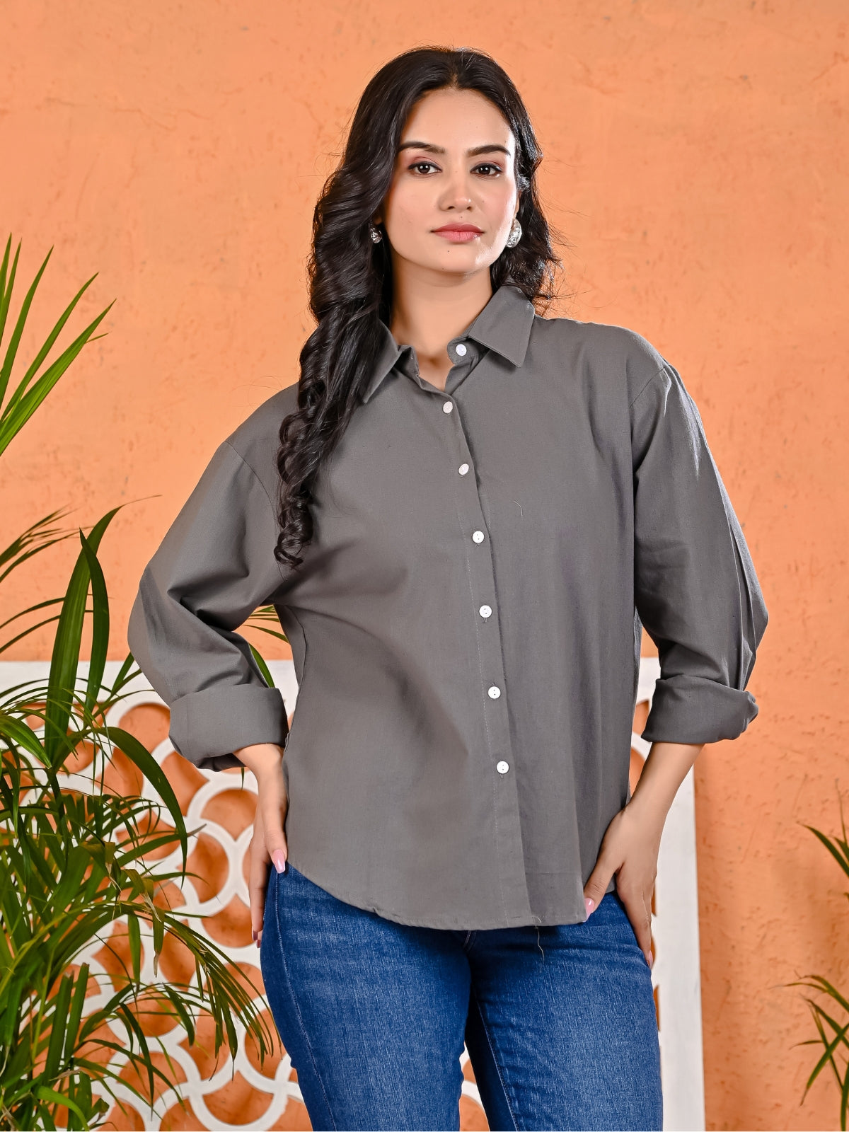 Pack Of 2 Womens Grey And Wine Cotton Loose Fit Shirt Combo