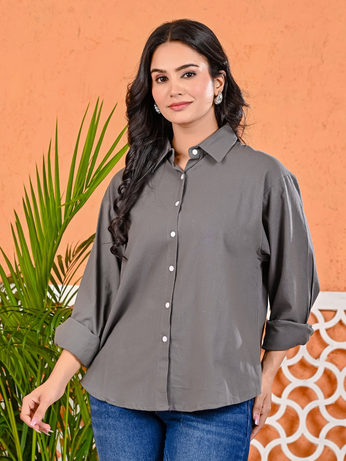 Pack Of 2 Womens Grey And White Cotton Loose Fit Shirt Combo