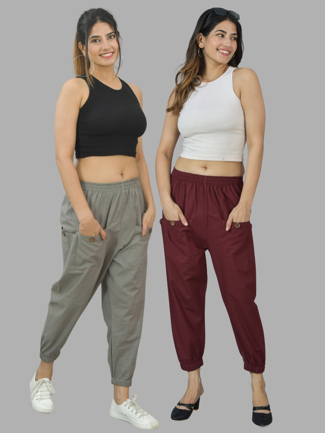 Combo Pack Of Womens Grey And Maroon Four Pocket Cotton Cargo Pants