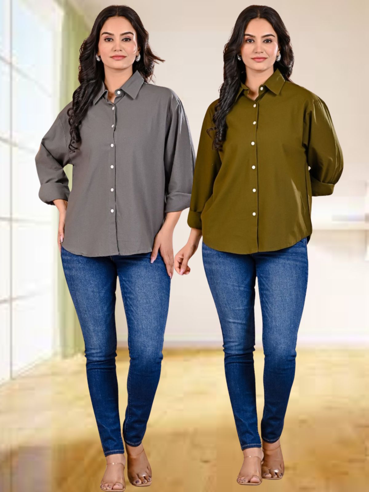Pack Of 2 Womens Grey And Mehendi Green Cotton Loose Fit Shirt Combo