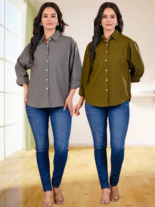 Pack Of 2 Womens Grey And Mehendi Green Cotton Loose Fit Shirt Combo