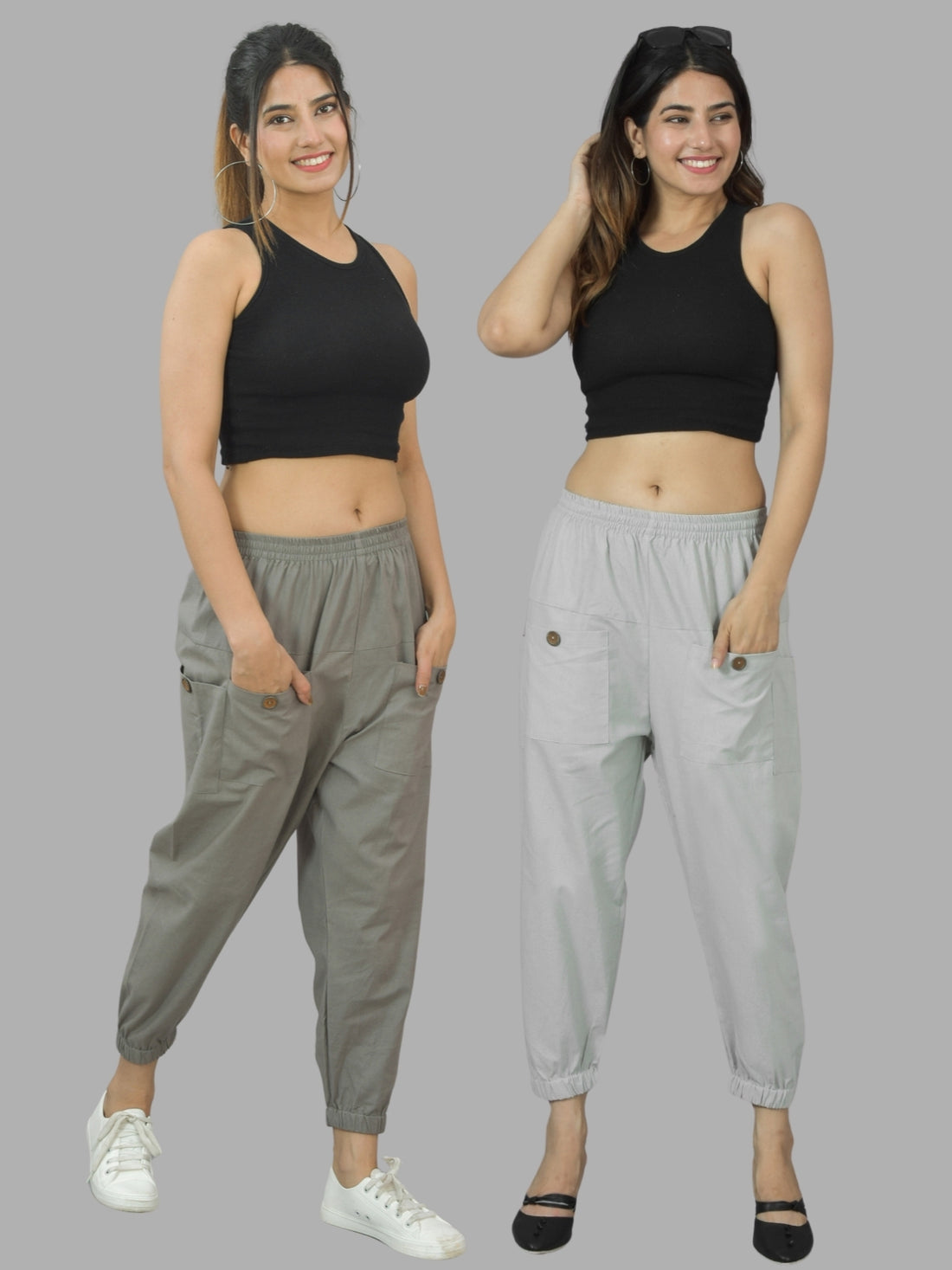 Combo Pack Of Womens Grey And Melange Grey Four Pocket Cotton Cargo Pants