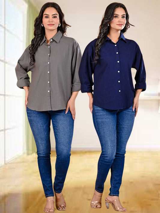 Pack Of 2 Womens Grey And Navy Blue Cotton Loose Fit Shirt Combo