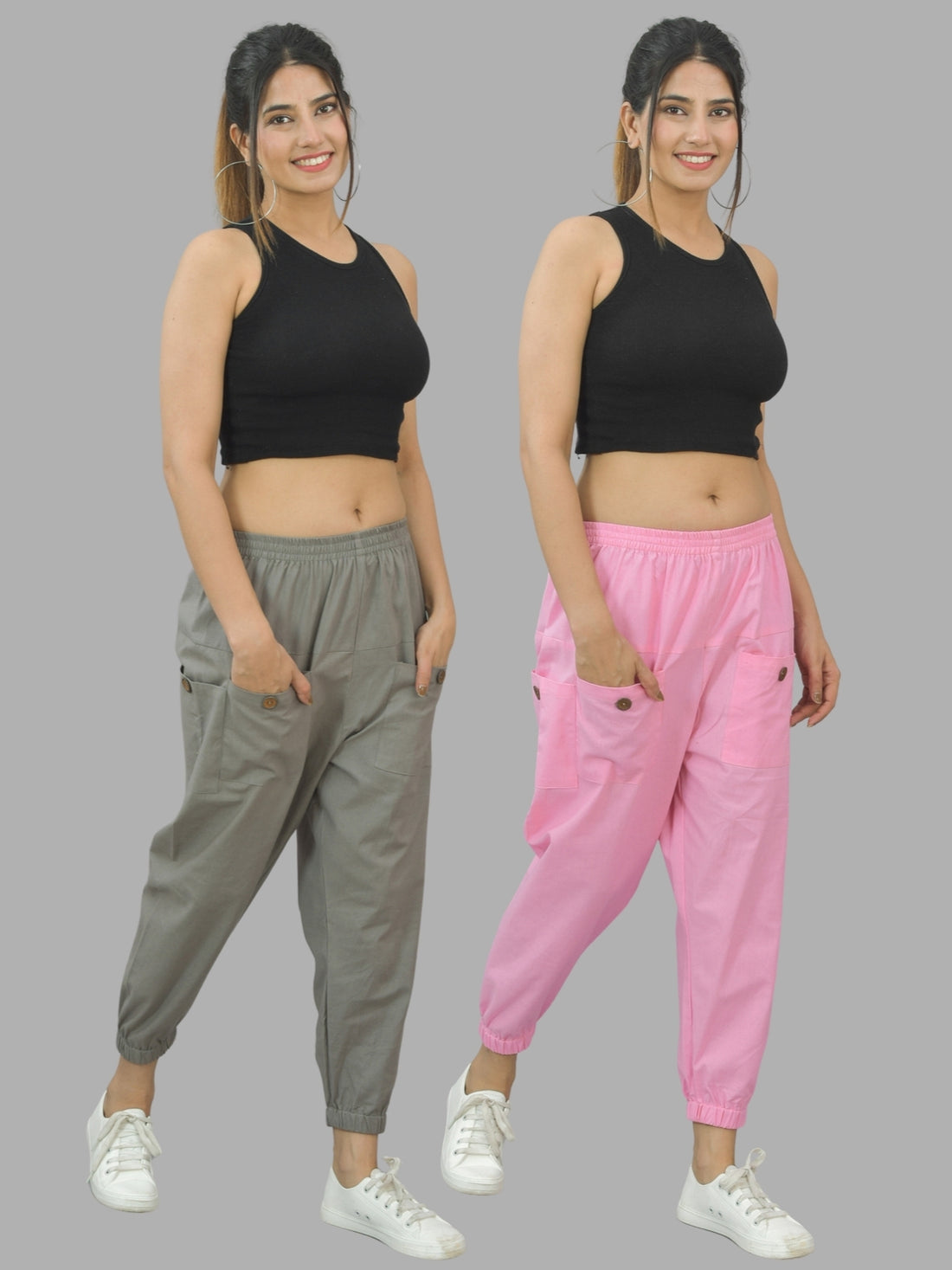 Combo Pack Of Womens Grey And Pink Four Pocket Cotton Cargo Pants