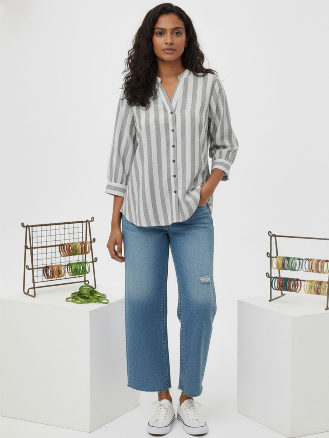 Grey Pleated shoulder Stripe Shirt