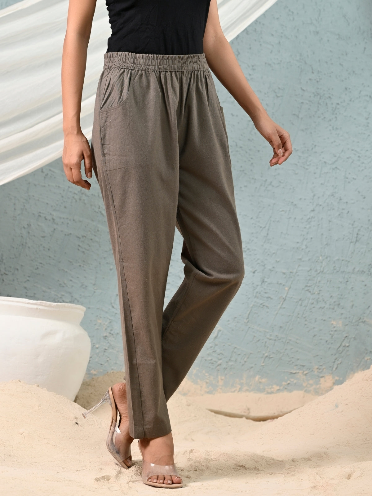 Women's Grey Regular Fit Elastic Cotton Trouser