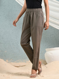 Women's Grey Regular Fit Elastic Cotton Trouser