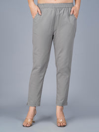 Pack Of 2 Womens Regular Fit Melange Grey And Grey Fully Elastic Waistband Cotton Trouser