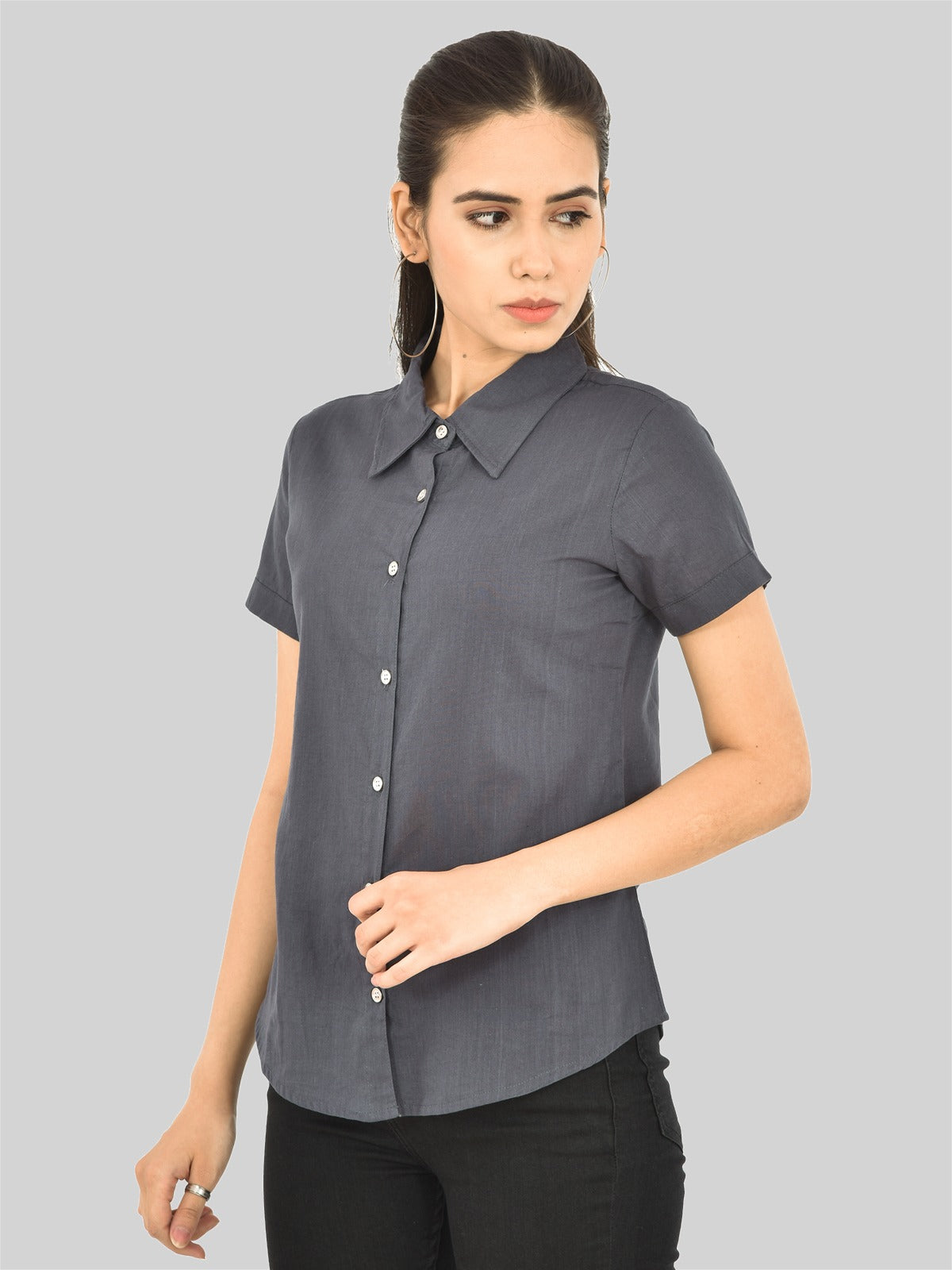 Womens Regular Fit Grey Half Sleeve Cotton Shirt