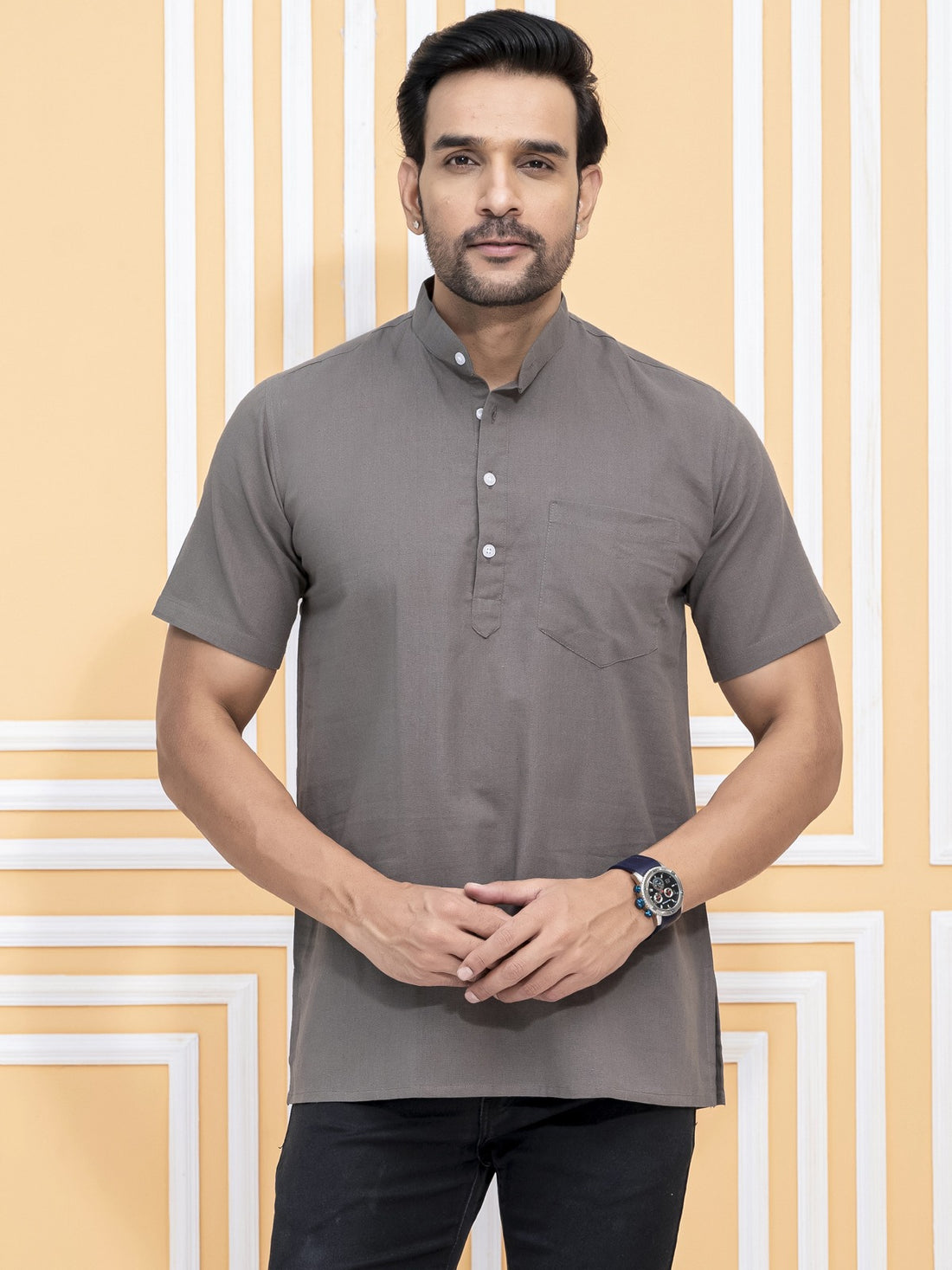 Pack Of 2 Mens Beige And Grey Cotton Short Kurta Combo
