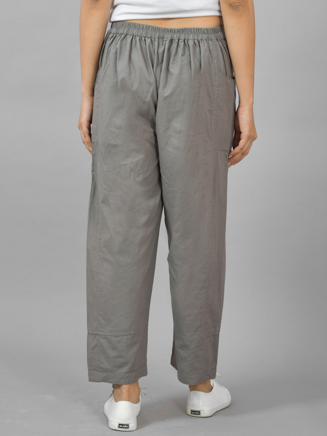Womens Grey Side Pocket Pure Cotton Straight Cargo Pant