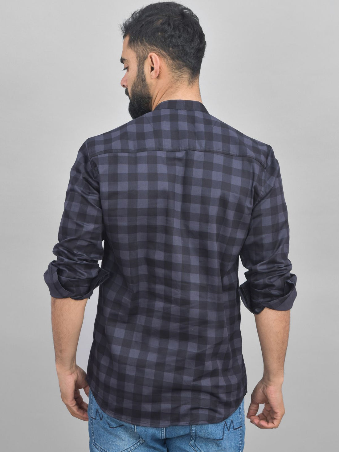 Quaclo Mens Grey Check Cotton Short Kurta
