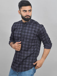 Quaclo Mens Grey Check Cotton Short Kurta