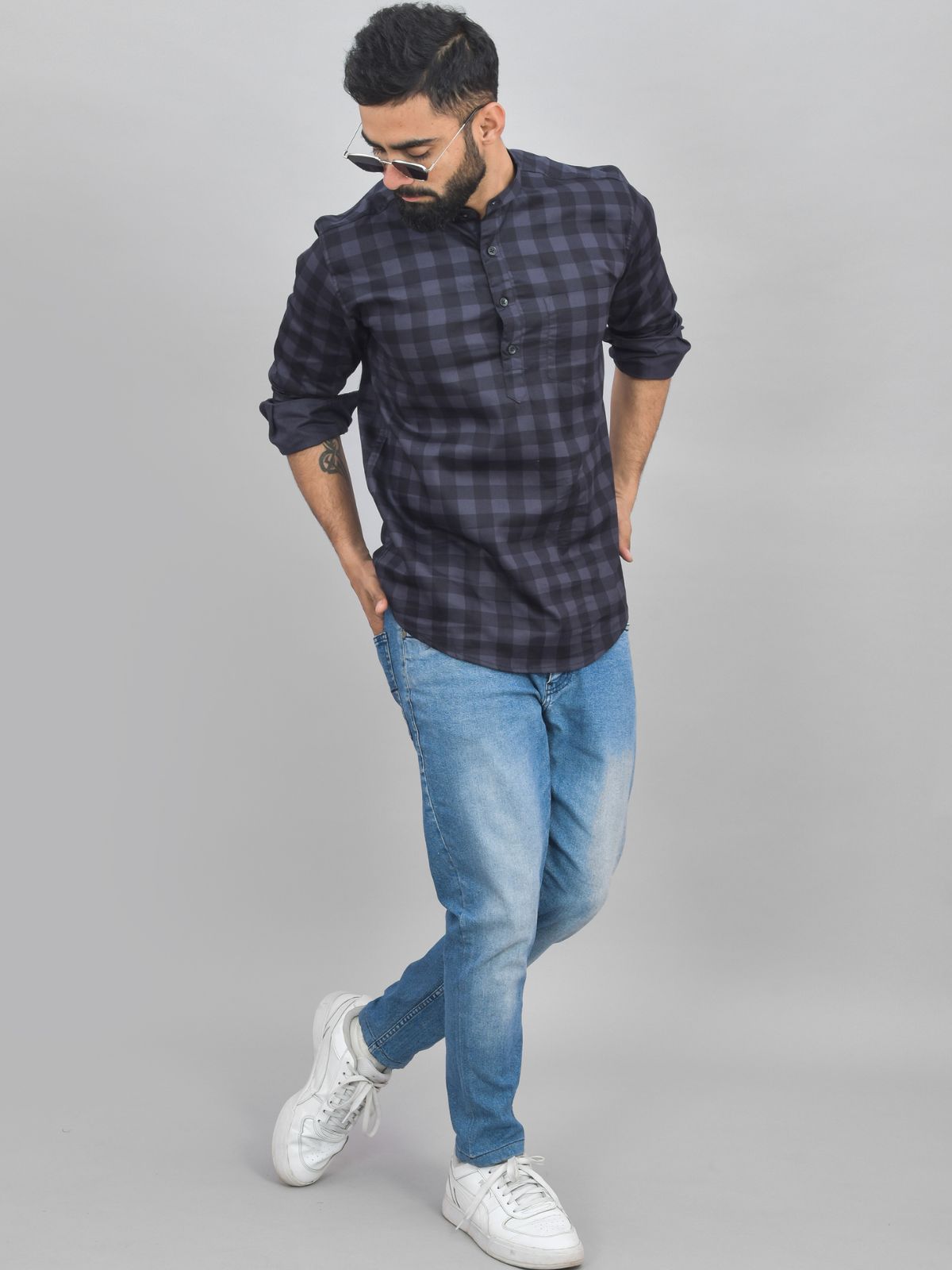 Pack Of 2 Mens Blue And Grey Check Cotton Short Kurta Combo