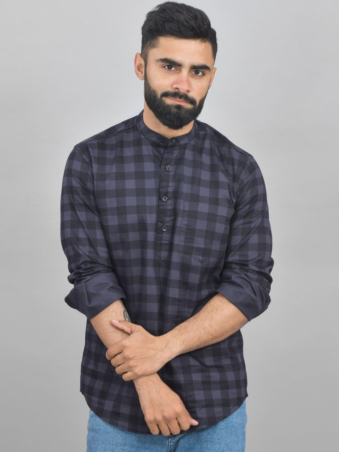Pack Of 2 Mens Grey And Wine Wide Check Cotton Short Kurta Combo