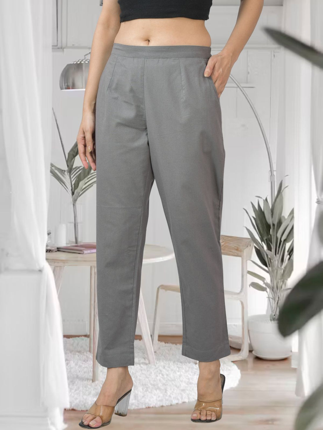 Grey Half Elastic Airy Linen Cotton Pants