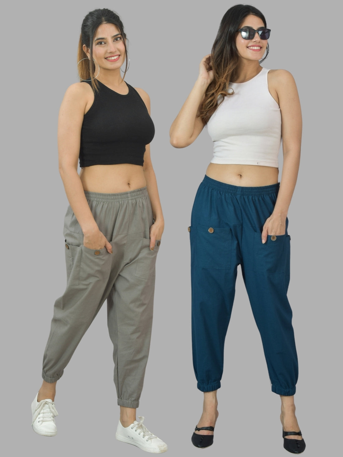 Combo Pack Of Womens Grey And Teal Blue Four Pocket Cotton Cargo Pants