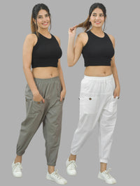 Combo Pack Of Womens Grey And White Four Pocket Cotton Cargo Pants