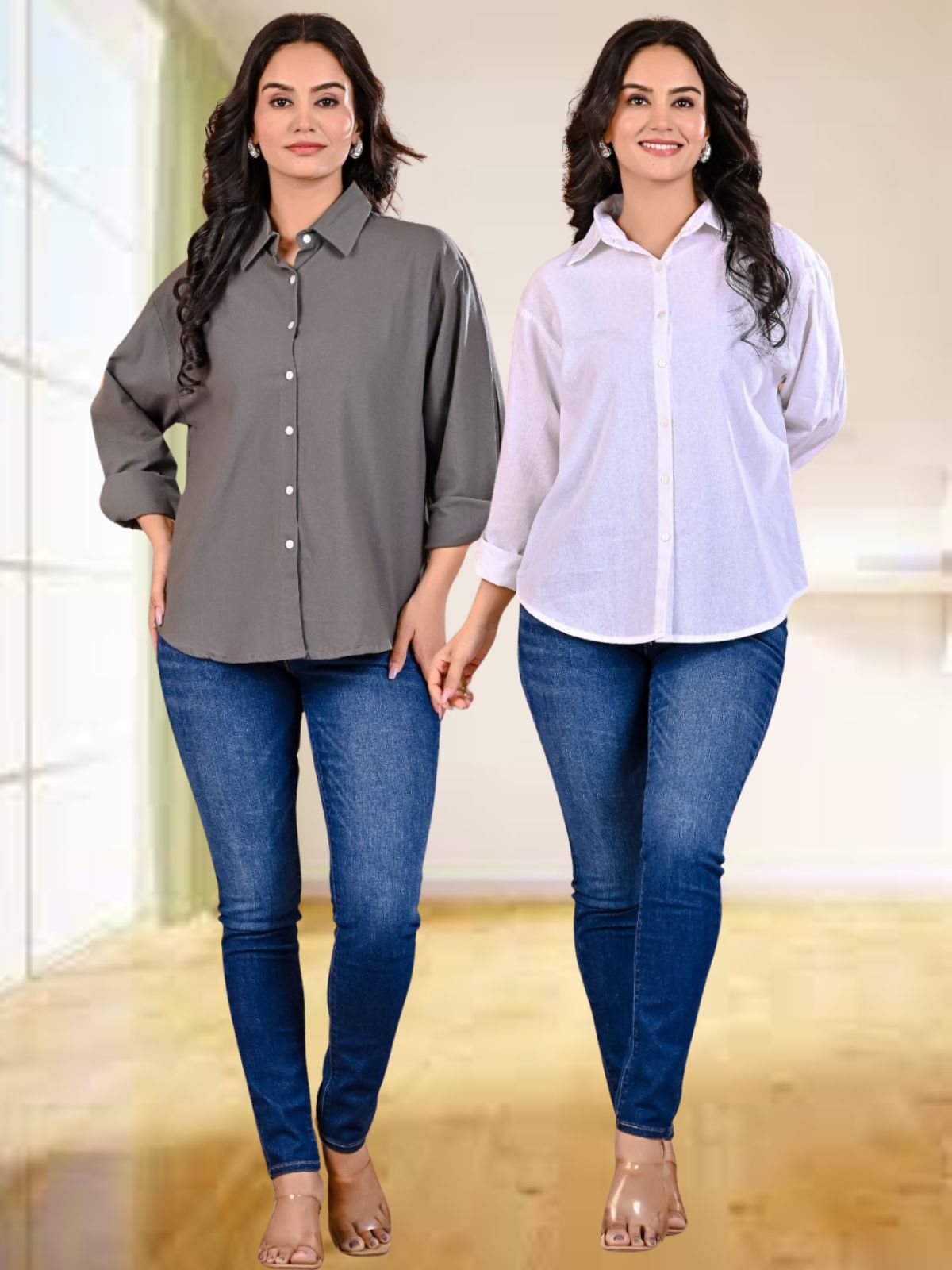 Pack Of 2 Womens Grey And White Cotton Loose Fit Shirt Combo