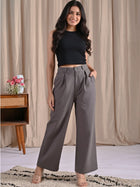 Womens Grey Cotton Wide Leg Pants