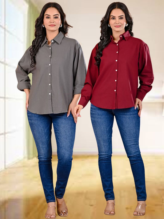 Pack Of 2 Womens Grey And Wine Cotton Loose Fit Shirt Combo