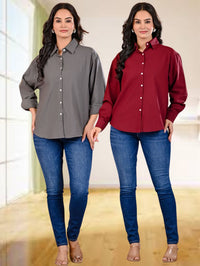 Pack Of 2 Womens Grey And Wine Cotton Loose Fit Shirt Combo