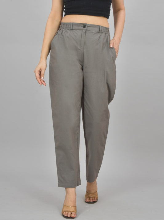 Womens Grey Regular Fit Cotton Formal Trouser