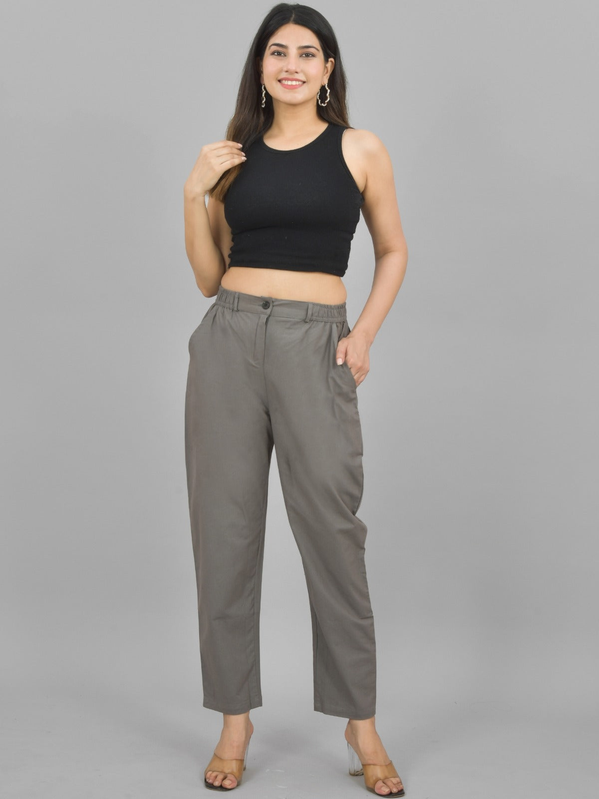 Womens Grey Regular Fit Cotton Formal Trouser