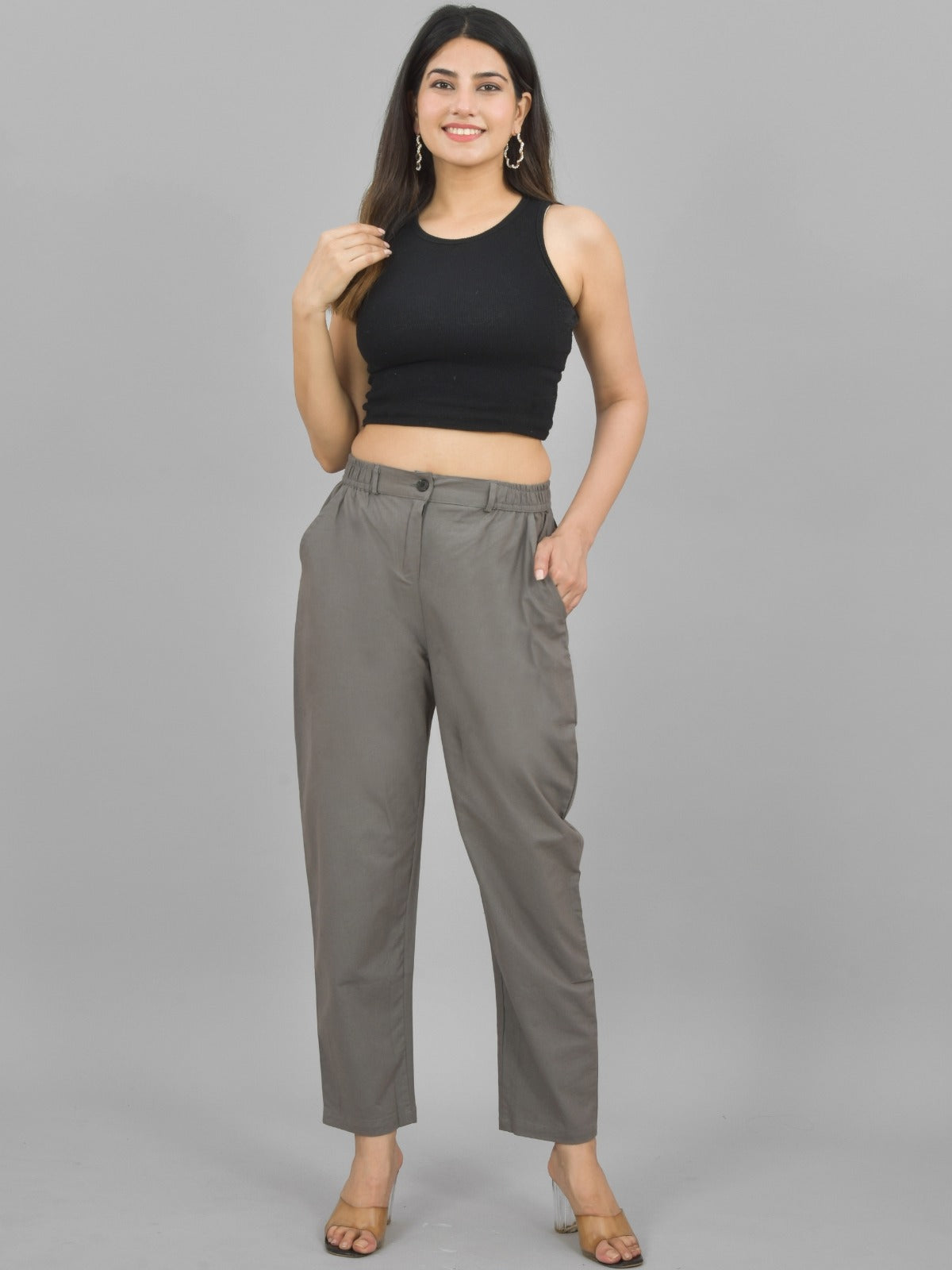Combo Pack Of 2 Beige And Grey Womens Cotton Formal Pants