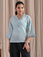 Ice Blue Handloom Cotton Anchor Thread Designer Top