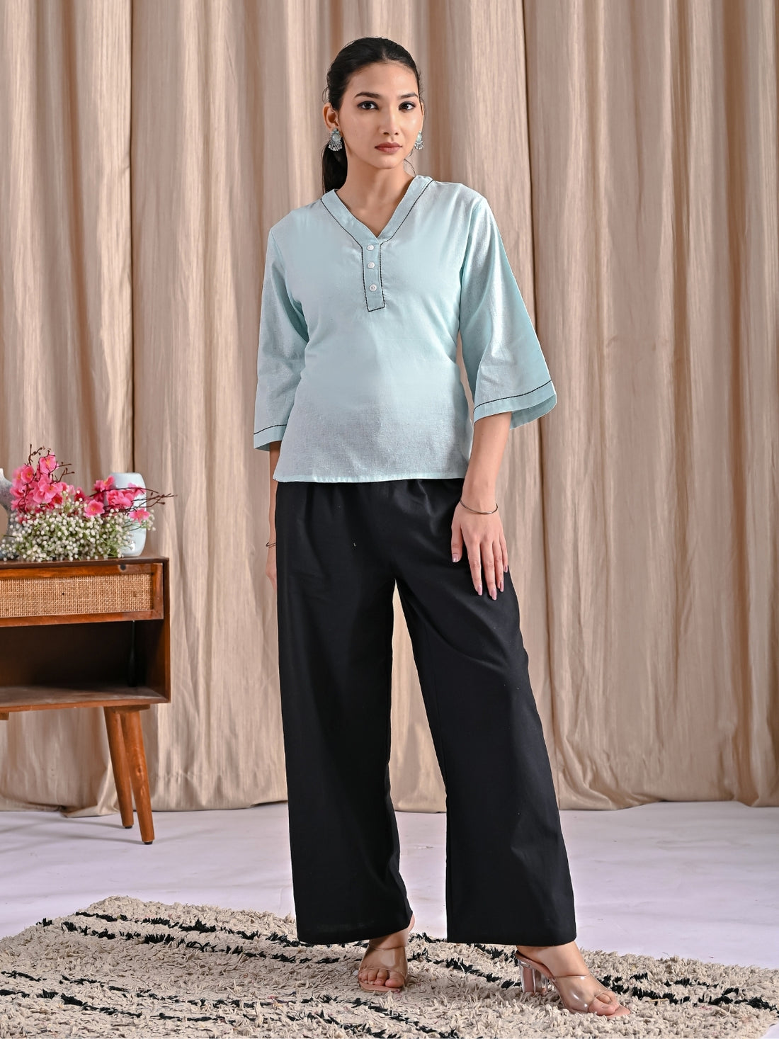 Ice Blue Handloom Cotton Anchor Thread Designer Top