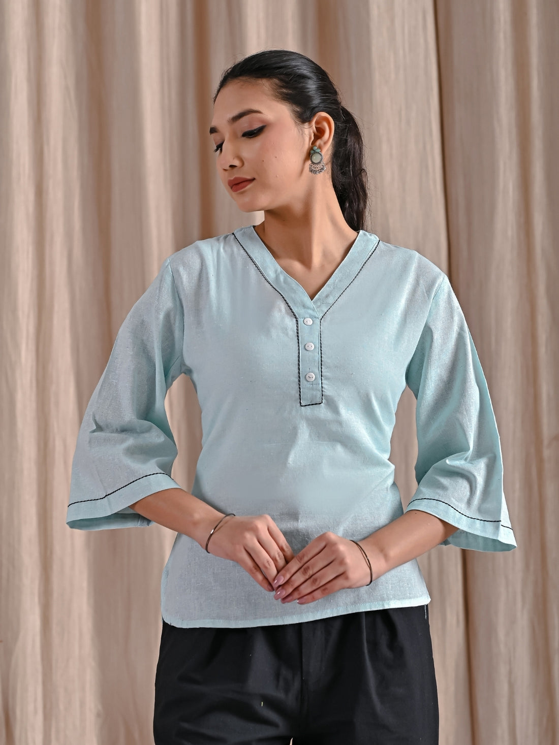 Pack Of 2 Ice Blue And Teal Blue Handloom Cotton Anchor Thread Designer Tops