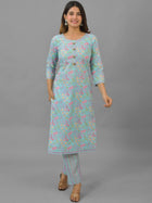 Womens Ice Blue Flower Printed Round Neck Kurta and Pant Set