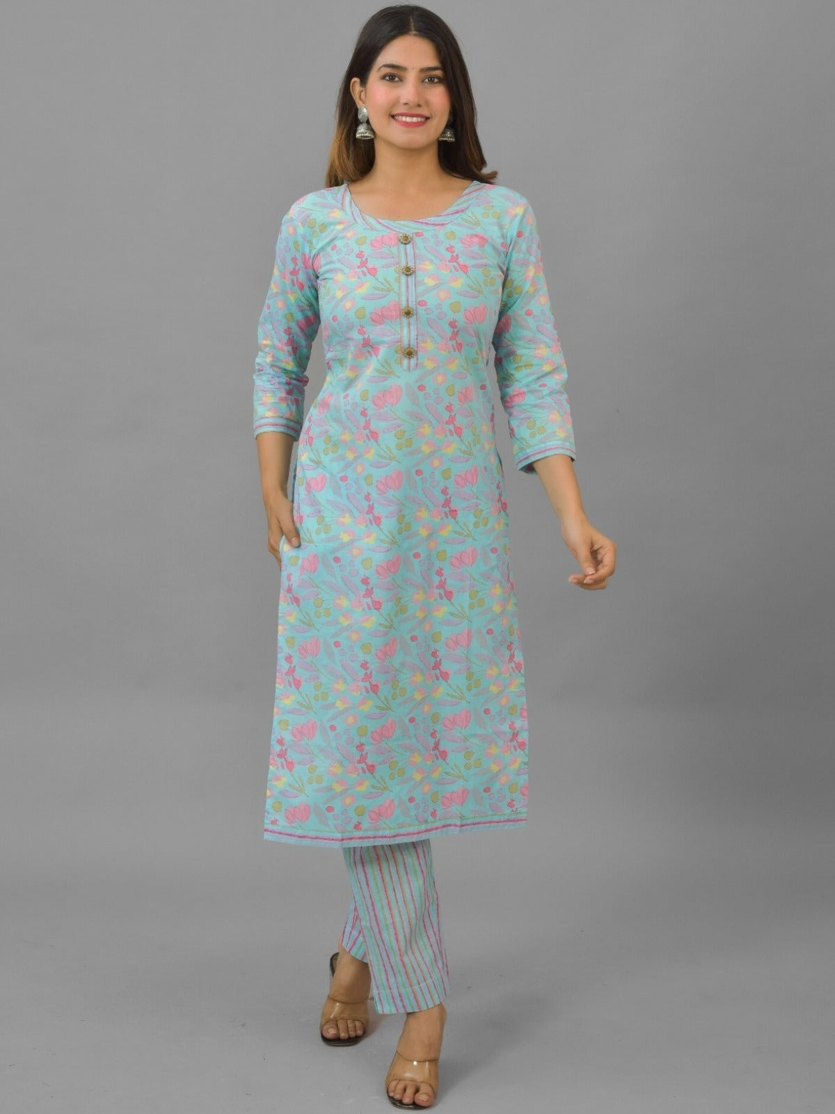 Womens Ice Blue Flower Printed Round Neck Kurta and Pant Set