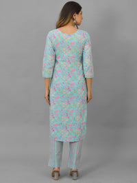 Womens Ice Blue Flower Printed Round Neck Kurta and Pant Set