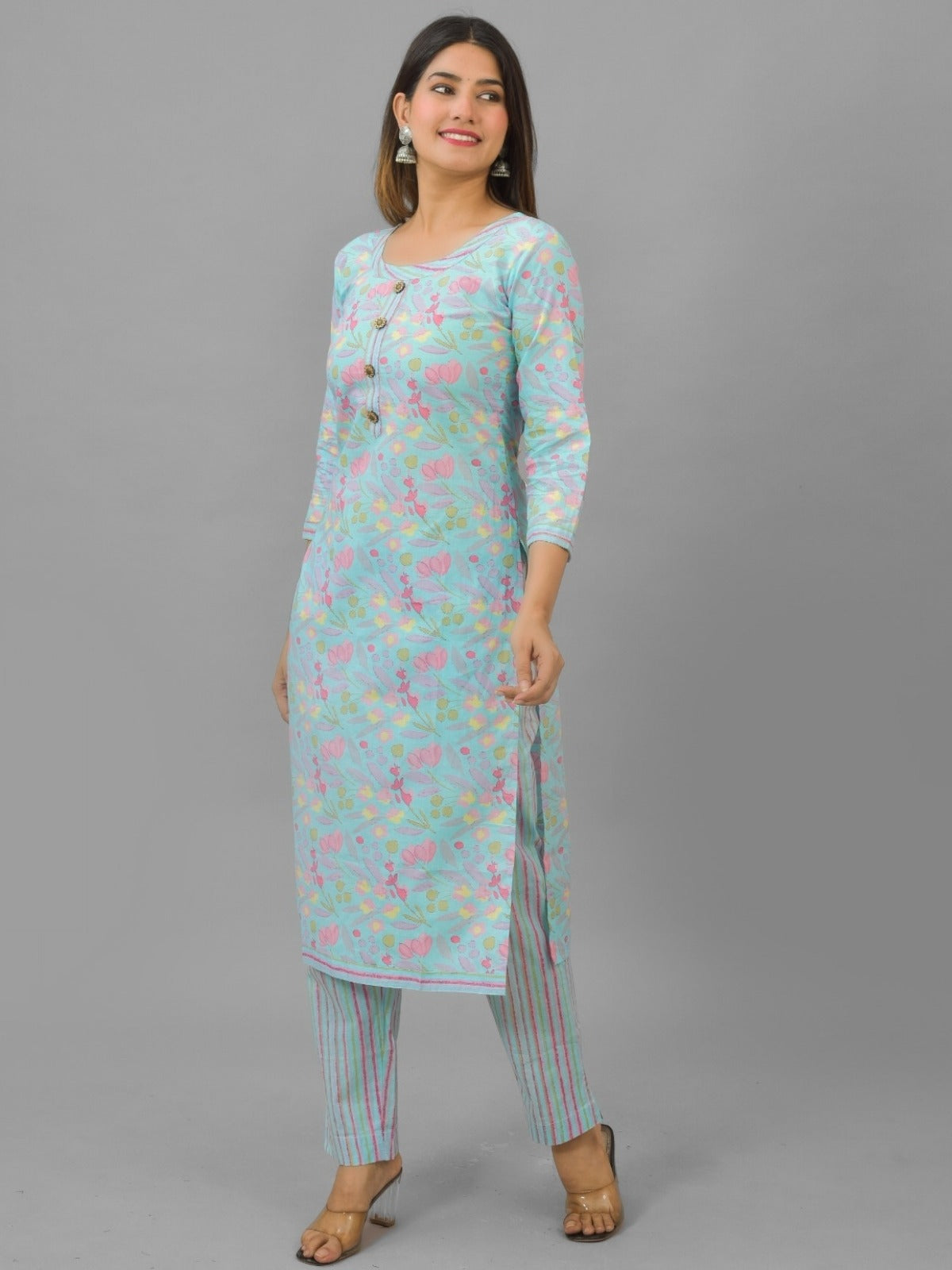 Womens Ice Blue Flower Printed Round Neck Kurta and Pant Set