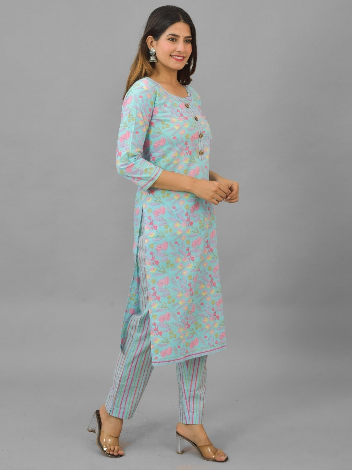 Womens Ice Blue Flower Printed Round Neck Kurta and Pant Set