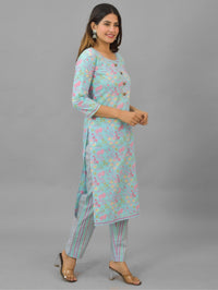 Womens Ice Blue Flower Printed Round Neck Kurta and Pant Set