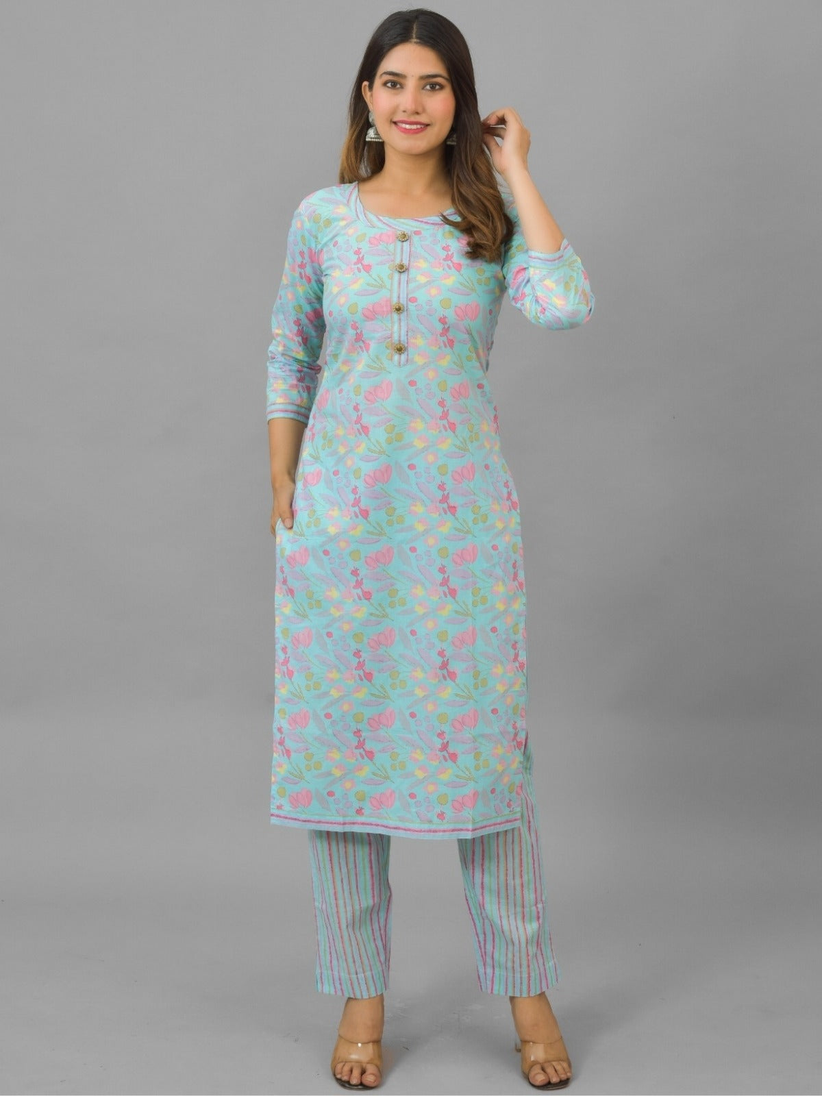 Womens Ice Blue Flower Printed Round Neck Kurta and Pant Set