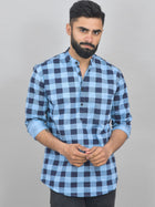 Quaclo Mens Icy Blue Check Cotton Short Kurta