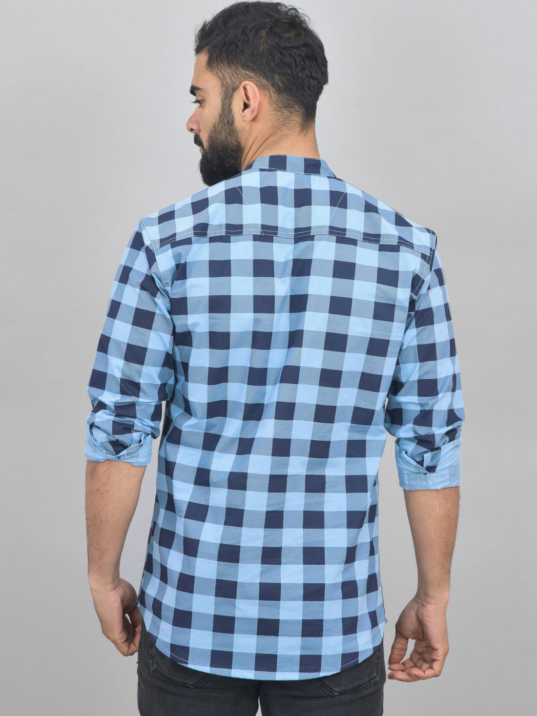 Quaclo Mens Icy Blue Check Cotton Short Kurta