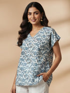 Light Grey Airy Linen Cotton Printed Short Kurti/Top