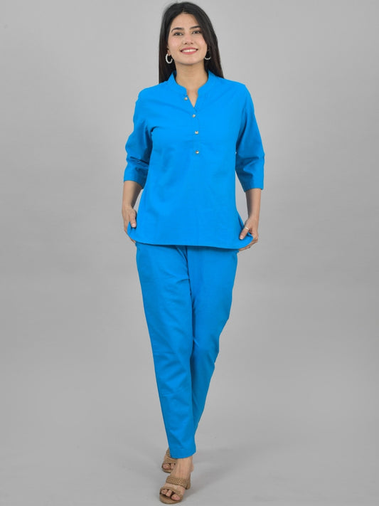 Quaclo Womens Solid Light Blue Cotton Top-Pyjama Co-Ords Set