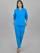 Womens Solid Light Blue Cotton Top-Pyjama Co-Ords Set
