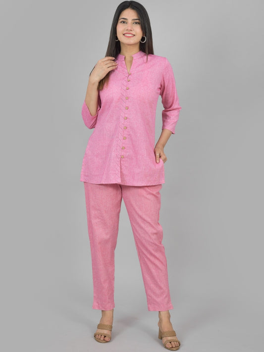 Quaclo Womens Solid Light Pink Cotton Top-Pyjama Co-Ords Set