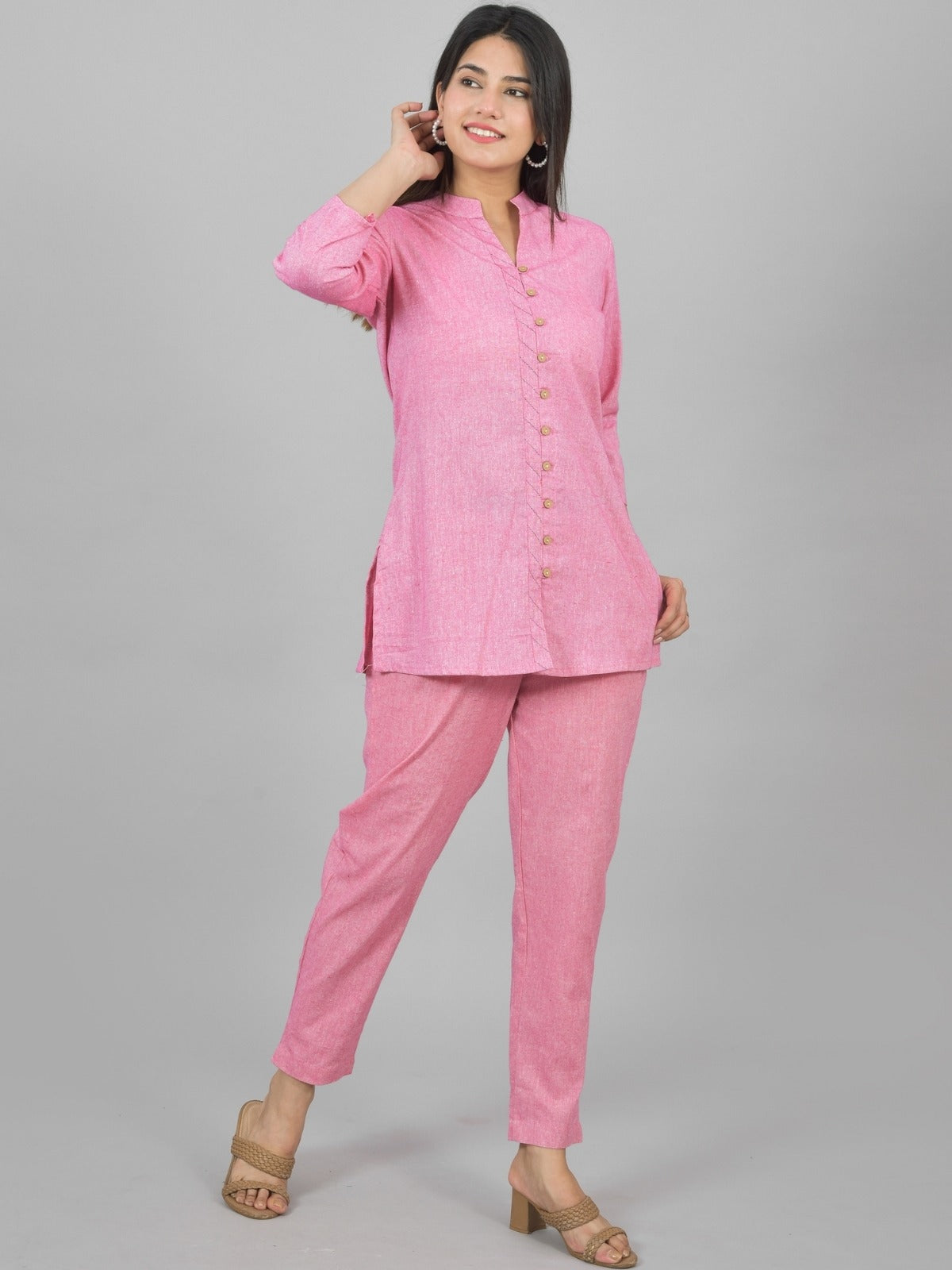 Quaclo Womens Solid Light Pink Cotton Top-Pyjama Co-Ords Set