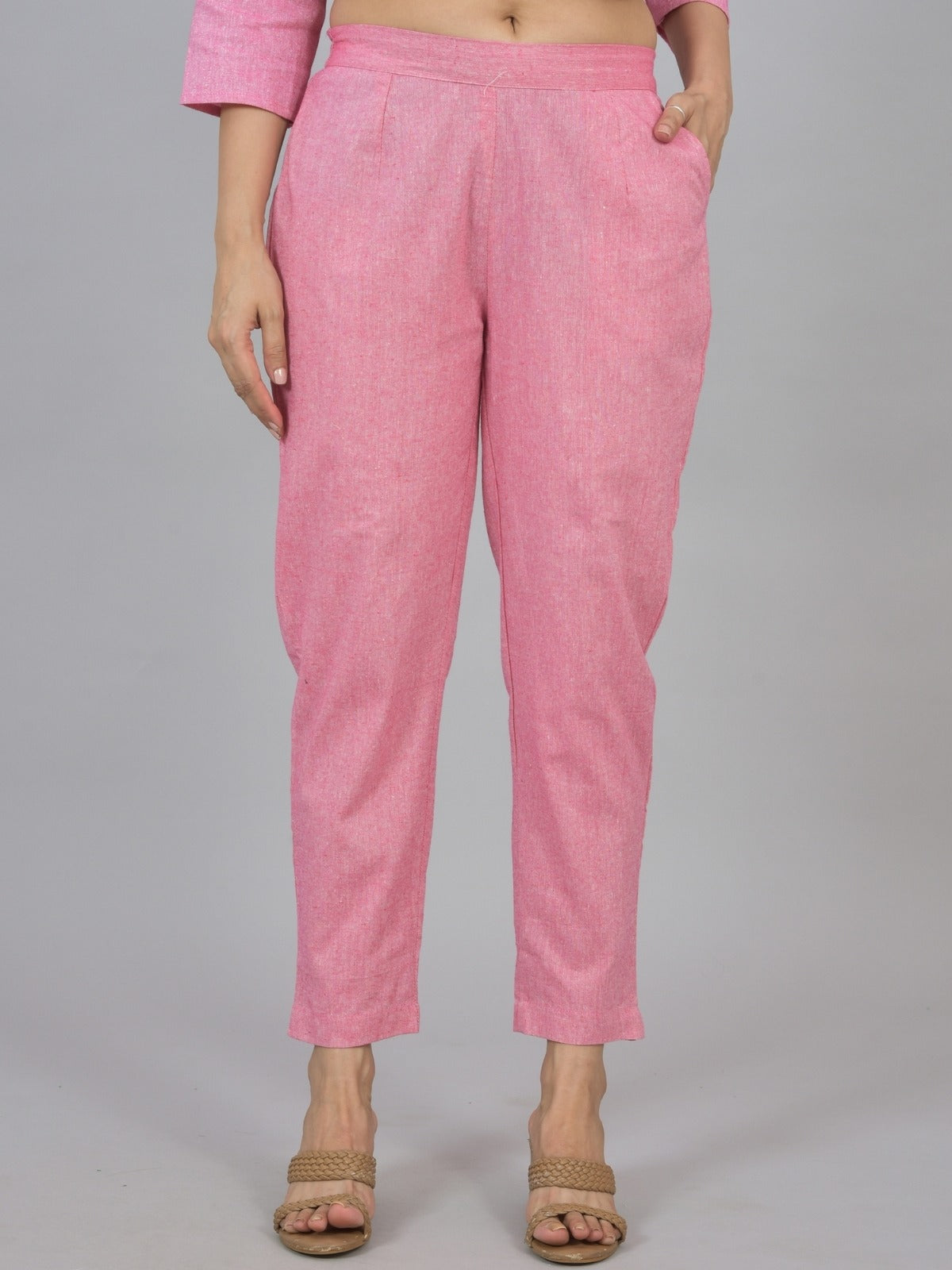 Quaclo Womens Solid Light Pink Cotton Top-Pyjama Co-Ords Set