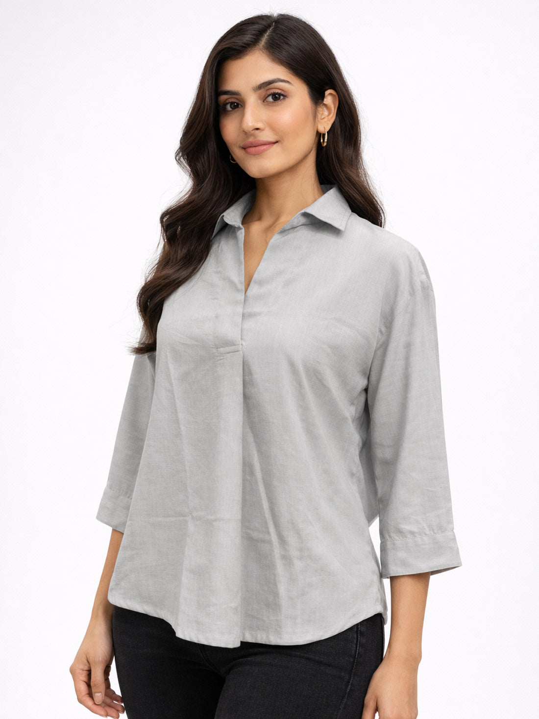 Light Grey Airy Linen Pleated Cotton Top